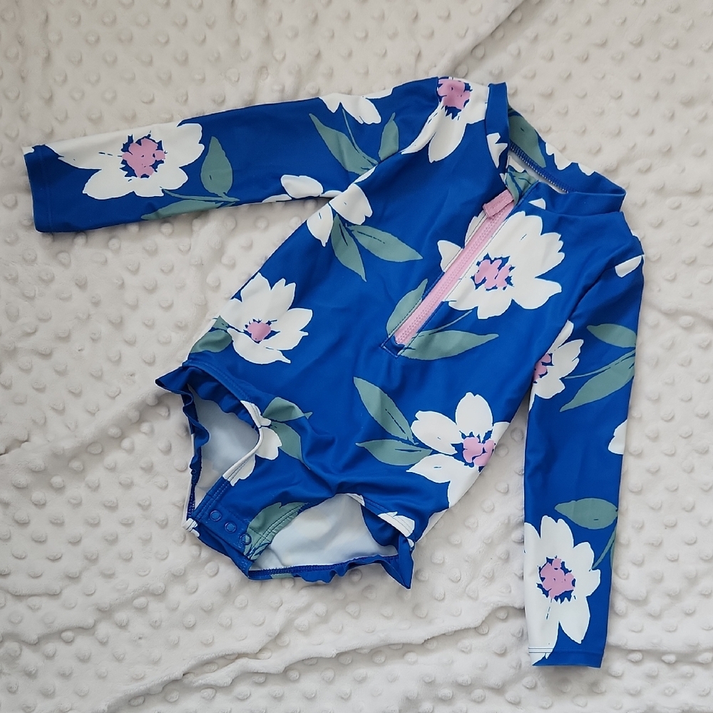 Carter's Long-Sleeve Blue Floral Rash Guard with Pink Zipper